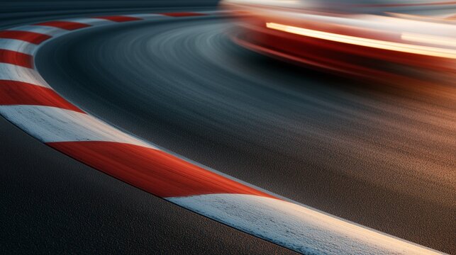 Blurred Race Car Speeding Through Racetrack Corner, Excellent for Motorsport Advertising, High Speed Racing and Automotive Performance Concepts