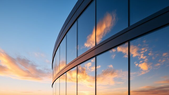 Modern Curved Glass Building Facade Reflecting Sunset Sky, Excellent for Contemporary Architecture, Commercial Real Estate and Architectural Glass Design