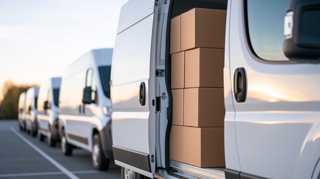 Delivery Van Fleet Loaded with Cardboard Boxes at Sunrise, Excellent for Last Mile Delivery, E-Commerce Logistics and Fleet Management