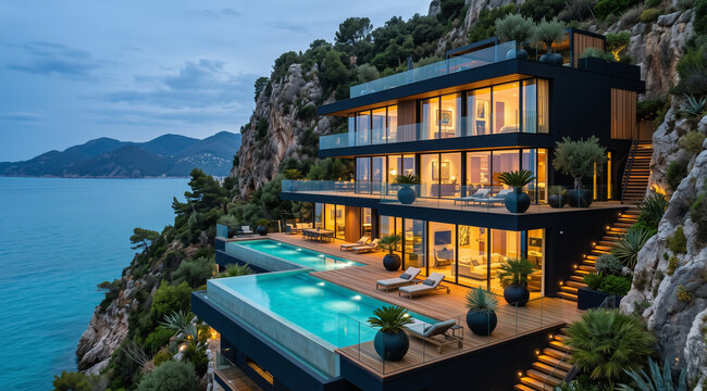 Modern Cliffside Luxury Villa with Infinity Pools and Sea View, Excellent for High-End Real Estate, Resort Living and Coastal Property Marketing