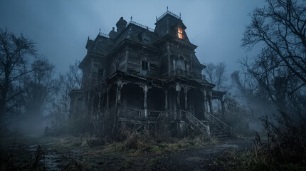Obraz premium Dilapidated Gothic Victorian House in Heavy Mist with Single Glowing Attic Window 
