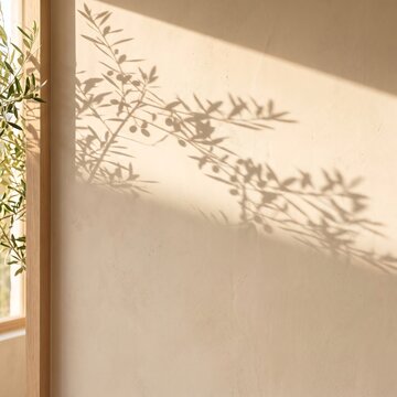 Beautiful olive branch shadows cast on a textured beige wall in soft natural sunlight light