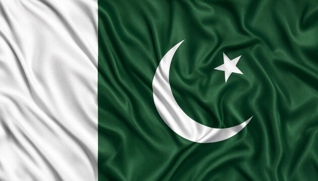 Pakistan flag with silk texture, waving national flag of Pakistan, green and white fabric folds