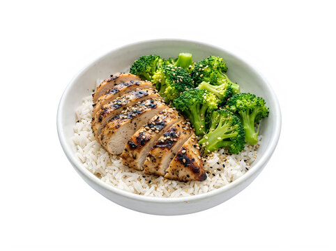 Grilled chicken breast with rice and steamed broccoli in bowl isolated on transparent background