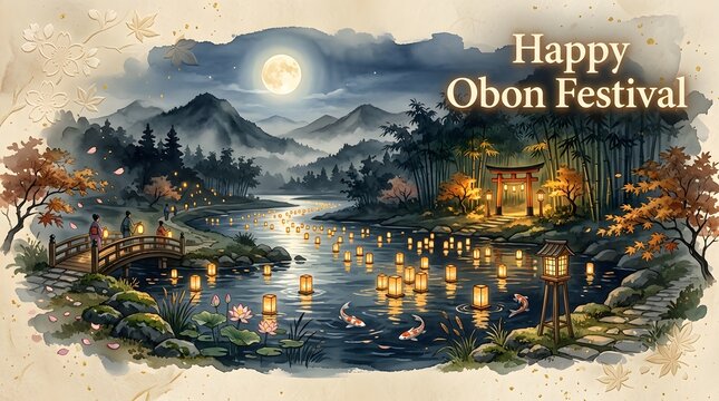 Japanese landscape with lanterns and torii gate in watercolor style
