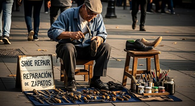Cobbler repairing shoes on busy city sidewalk.