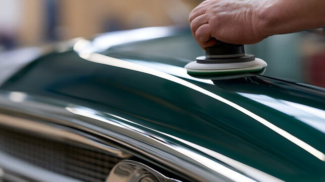 Professional worker hand polish dark green car surface with electric polisher for flawless shine, detail and maintenance auto bodywork service