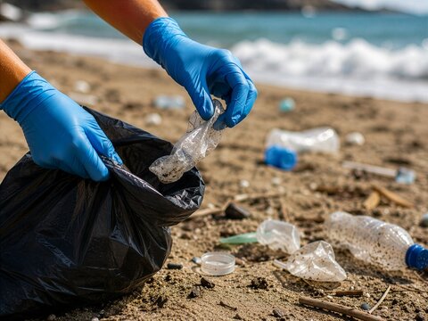 Volunteer in gloves picking up plastic bottles and trash from a beach into a garbage bag, concept of ocean pollution, beach cleanup and environmental protection