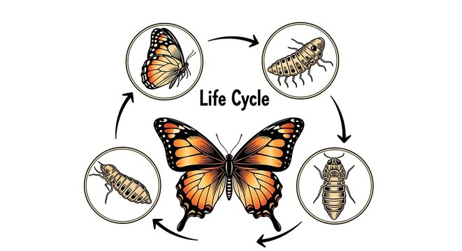 Monarch butterfly life cycle stages illustration.