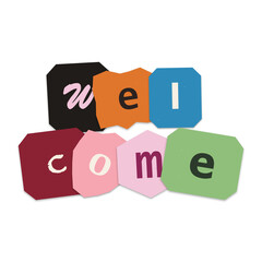 Welcome word collage made of colorful cutout paper letters on transparent background for creative greetings and posters. © plabon