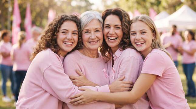 Women from multiple generations embracing each other while supporting Breast Cancer Awareness, warm emotions, soft pink color palette
