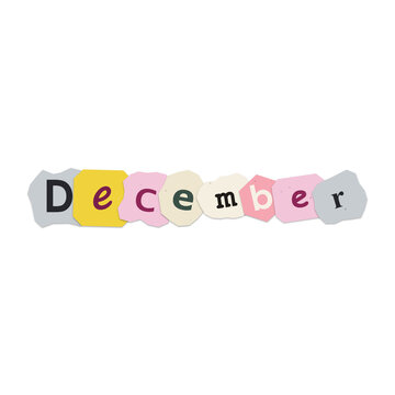 December written with ransom note style letters on colorful paper stickers isolated against transparent background design element.