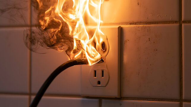 Danger of Overload: Electrical Outlet with Power Cord Catches Fire, Emitting Flames and Smoke in a Hazardous Domestic Incident