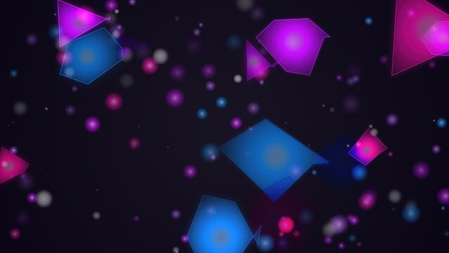 Abstract image with various sized bright blue and purple geometric shapes and glowing bokeh on a dark background.