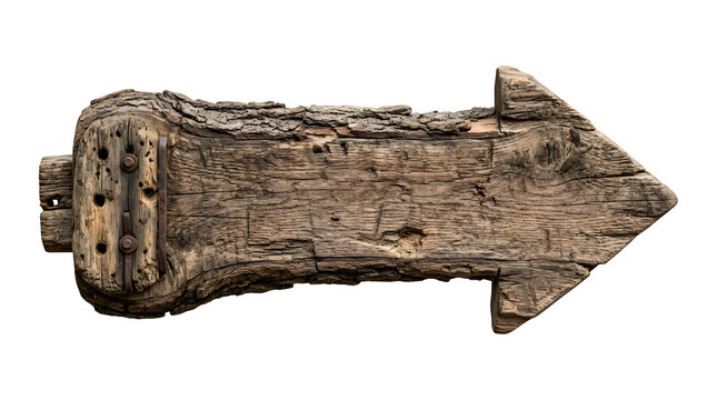 Old rustic wooden arrow sign isolated on transparent background