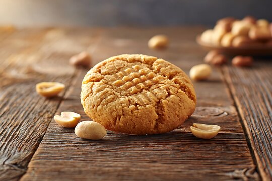 Peanut butter cookie with classic fork crosshatch pattern, whole peanuts on top, wooden table, golden hour light, rustic and simple