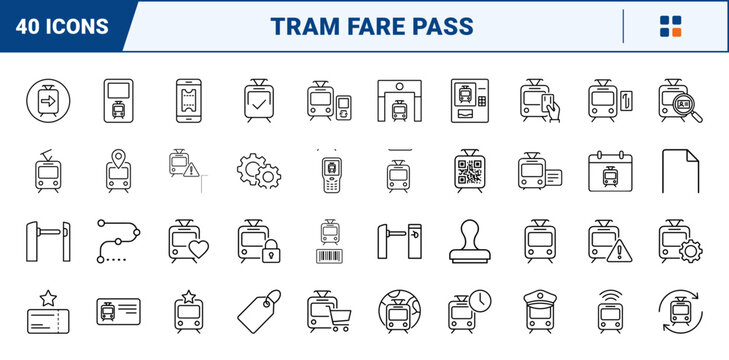 Tram Ticketing Web Icon Set in Linear Style. Collection of Tram Transit line icons, including tram ticket, validation machine, turnstile gate, fare pass, scan device, zone map and more.