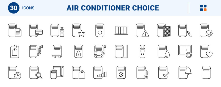Portable Air Conditioner Unit Choice Web Icon Set in Linear Style. Collection of Portable Cooling line icons, including window slider, exhaust hose, remote control, filter frame and more.