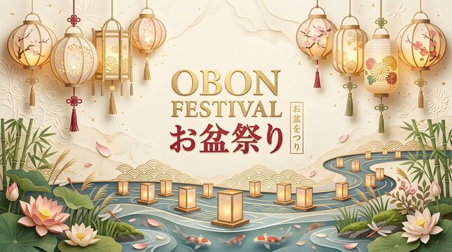 Japanese obon festival illustration with lanterns koi fish and lotus blossoms