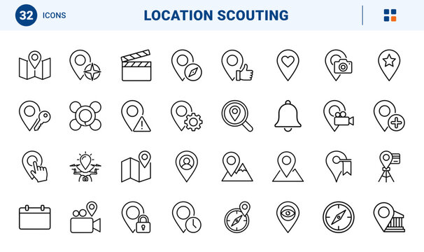 Location Scout Map Web Icon Set in Linear Style. Collection of Spot Search line icons, including map pin, location finder, film set, route map, drone survey, search zone, area view and more.