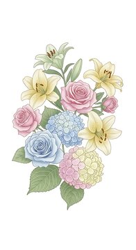 Colorful bouquet of spring wildflowers in clear glass vase.