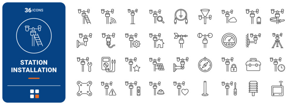 Weather Station Installation Web Icon Set in Linear Style. Collection of Sensor Setup line icons, including wind vane, anemometer, rain gauge, solar panel, pole mount, setup wrench and more.