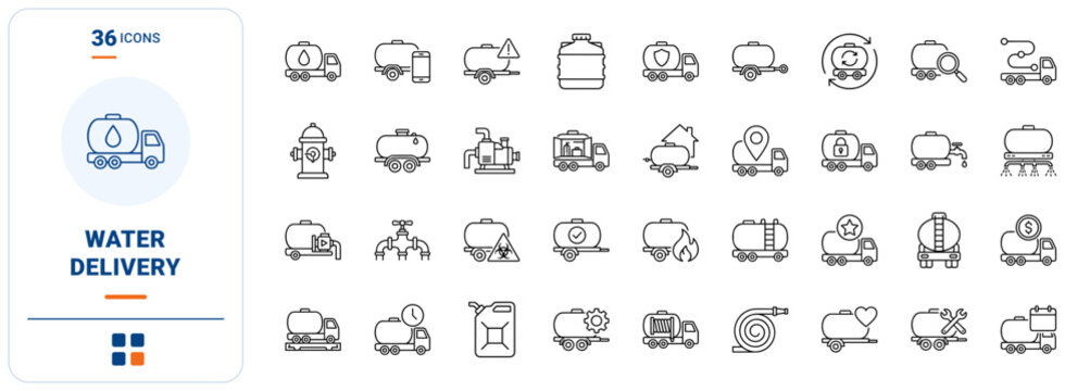 Water Bowser Emergency Supply Web Icon Set in Linear Style. Collection of tanker courier line icons, including water bowser, delivery truck, emergency hose, storage tank, route map and more.