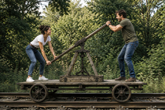 Playful Young Couple Pumping a Vintage Railroad Handcar Together During an Outdoor Adventure