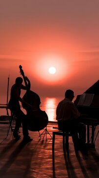 Musicians performing jazz at sunset over calm water