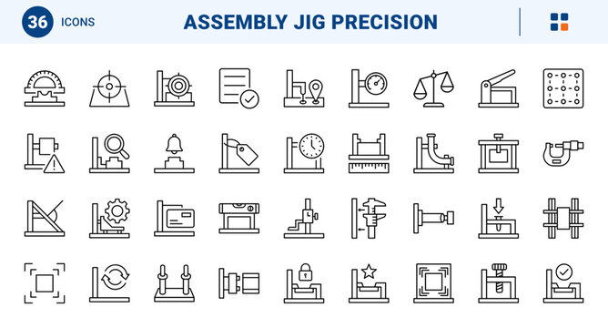 Assembly Jig Accuracy Web Icon Set in Linear Style. Collection of fixture precision line icons, including clamping fixture, location pin, alignment guide, dial gauge, caliper check and more.