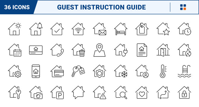 House Manual Web Icon Set in Linear Style. Collection of Guest Instructions line icons, including house access, key entry, wifi guide, check in, parking spot, house rules, guest info and more.