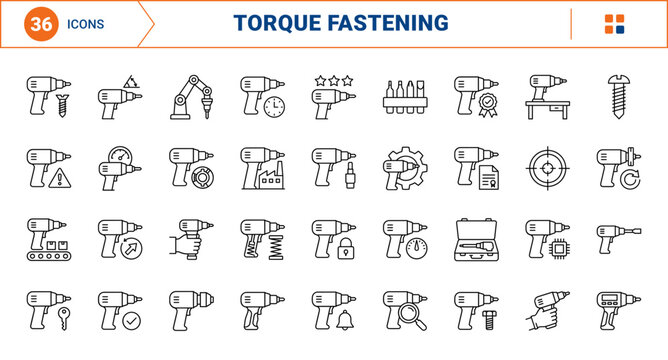 Torque Driver Industrial Fastening Control Web Icon Set in Linear Style. Collection of Precision Torque Tools line icons, including torque driver, scale dial, bit socket, clutch ring and more.