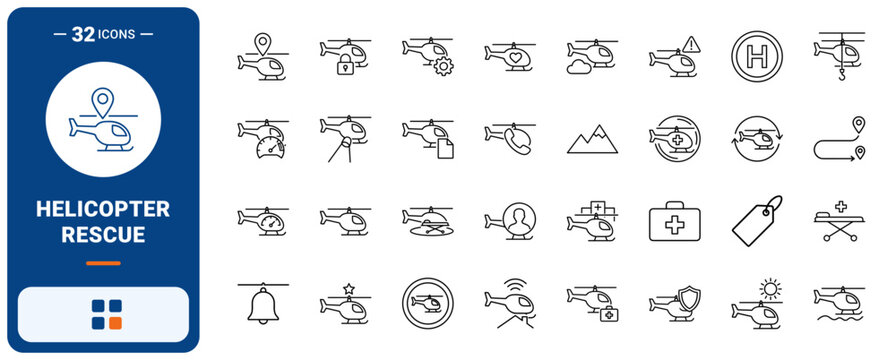 Helicopter Air Rescue Web Icon Set in Linear Style. Collection of Aero Medevac line icons, including helicopter, rescue winch, stretcher bed, searchlight ray, location pin, hospital, and more.