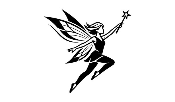 Minimalist fairy silhouette vector with star magic wand in geometric modern line art style