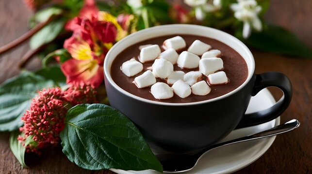 A rich hot chocolate drink topped with mini marshmallows sits beside colorful flowers and green leaves on a wooden surface