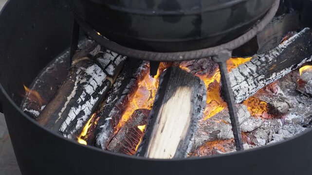 Close Up of Burning Firewood and Glowing Charcoal in Barbecue Grill