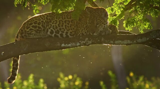 Jaguar Panthera onca resting on tree branch in backlit jungle canopy, tail hanging down, rosette spotted coat, largest cat of Americas, Pantanal Brazil, near threatened wild feline in habitat