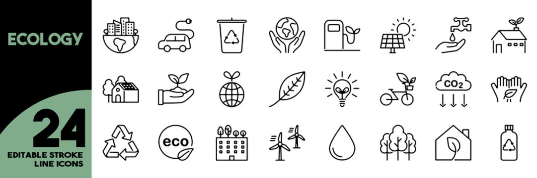 Eco Ecology Environmental Sustainability and Recycling Outline Icon Set with Editable Stroke Vector Illustration.