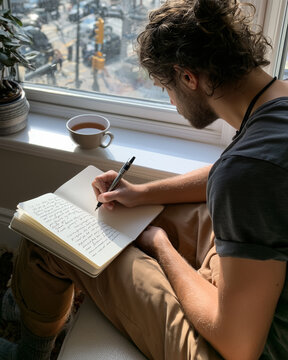 Man journaling for mental health with a cup of tea