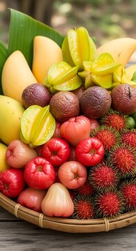 Colorful fresh fruit assortment in wooden crate.