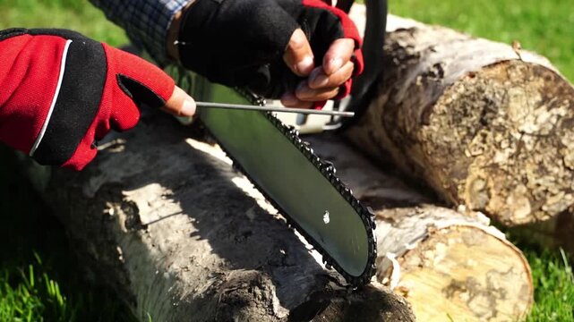 Hands adjust chainsaw blade outdoors. Grass and logs frame the action. Worker wears protective gloves. Tool maintenance happens in daylight. Scene suits outdoor DIY or woodwork projects