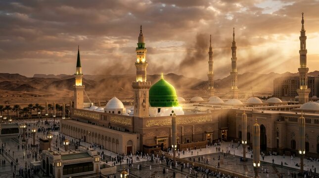 Beautiful Golden Sunset Over Al Masjid An Nabawi Mosque In Medina