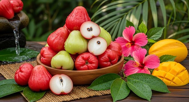 Colorful fruit and vegetable arrangement with teddy bear.