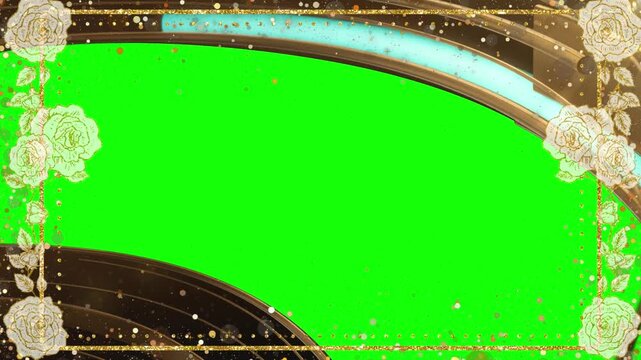 Rose border frames a green screen with golden floral accents.