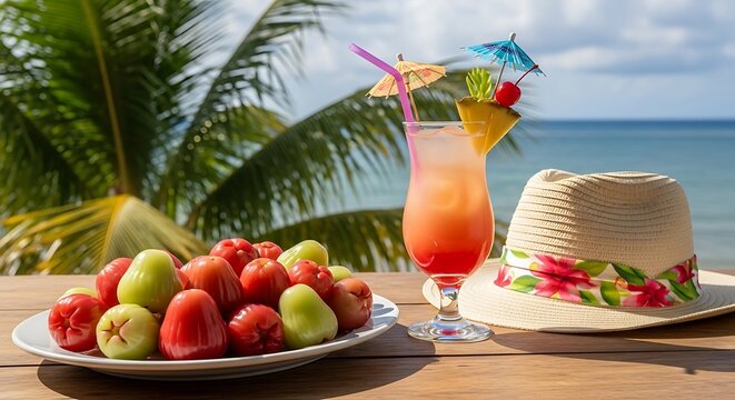 Colorful fruit platter with refreshing drink and bread.