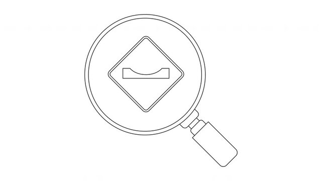 Magnifying glass over road dip warning sign icon.