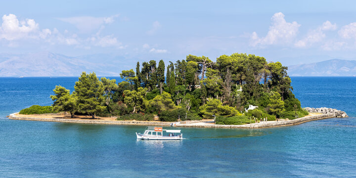Famous Mouse Island in Mediterranean Sea panoramic view on Corfu in Greece