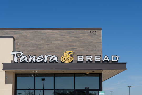 Pearland, Texas, USA - March 1, 2022: Closeup Panera Bread restaurant sign on the building in Pearland, Texas, USA. Panera Bread is an American chain store of bakery-caf&eacute; fast casual restaurants. 