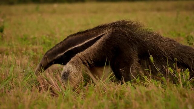 Giant Anteater, Myrmecophaga tridactyla, walks through grassland foraging for ants and termites, Pantanal, Brazil, elongated snout, bushy tail, vulnerable species, unique toothless mammal.