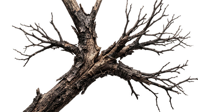 Decayed dry tree branch with peeling rough bark and tiny woodworm holes isolated on transparent background